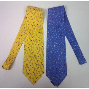 Fortier Men's Necktie Tie Golf Flags Balls 100% Silk Blue Yellow Lot of 2 New